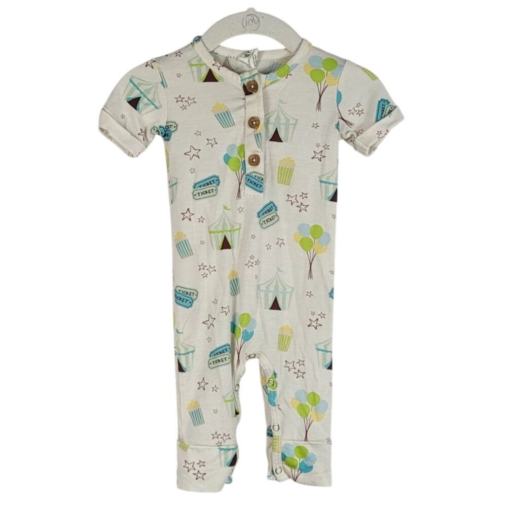 Larkspur Bamboo Romper 3-6 Months Short Sleeves Henley Snaps Carnival Circus